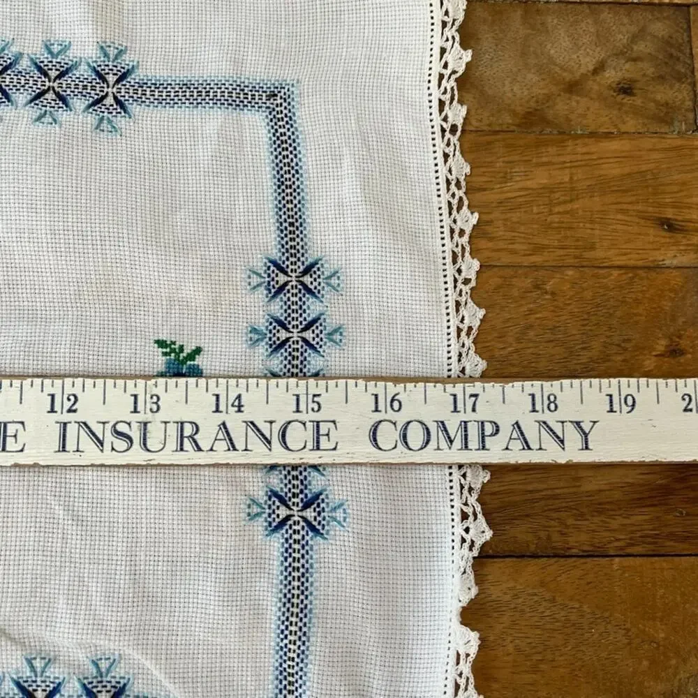 White Cotton Napkin Set (4) Handmade Blue Cross-Stitch Floral Crochet Border